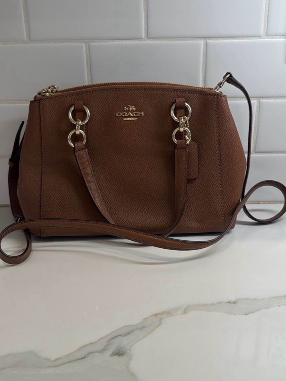 Coach Brown Pebbled Leather Crossbody Satchel with Gold Hardware